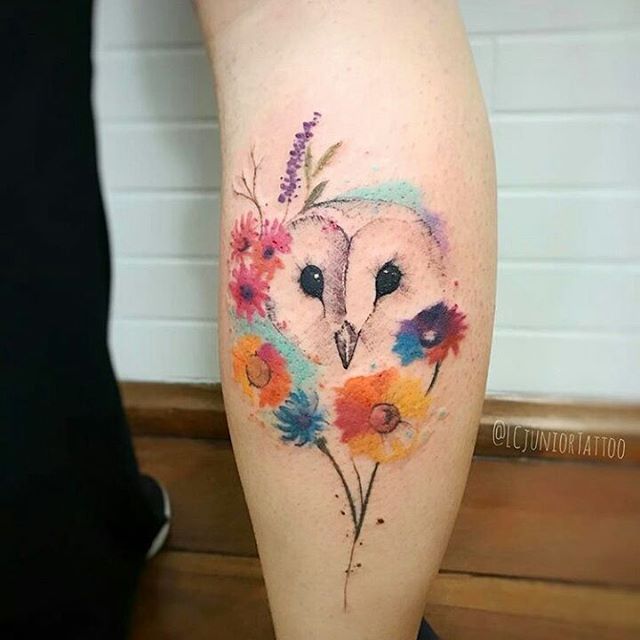 Lechuza Entre Flores Estilo Acuarelas Tatuajes Para Mujeres