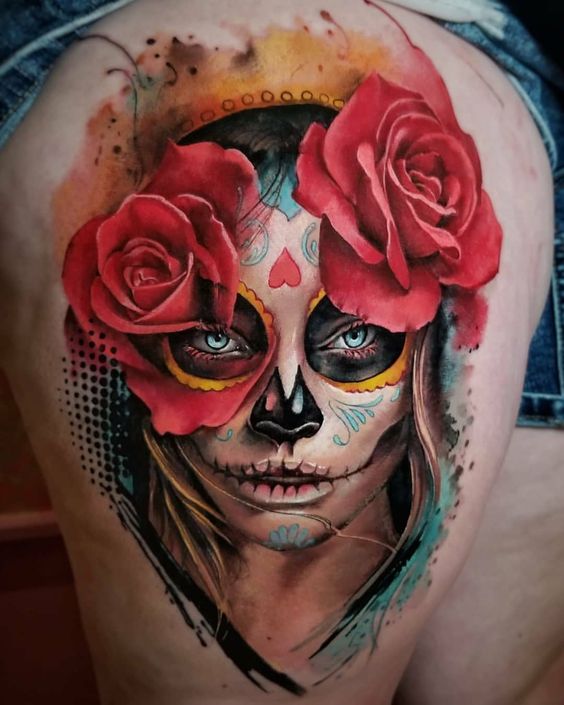 Tatuaje Catrina Y Rosas Rojas Tatuajes Para Mujeres 